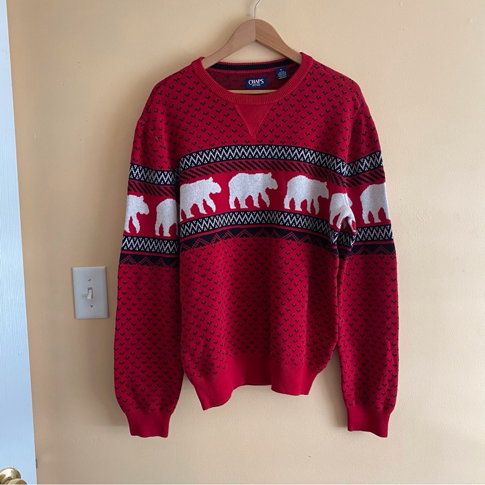 Chaps Polar Bear Fair Isle Sweater Men Medium Red Black White Crewneck Preppy - Picture 2 of 15